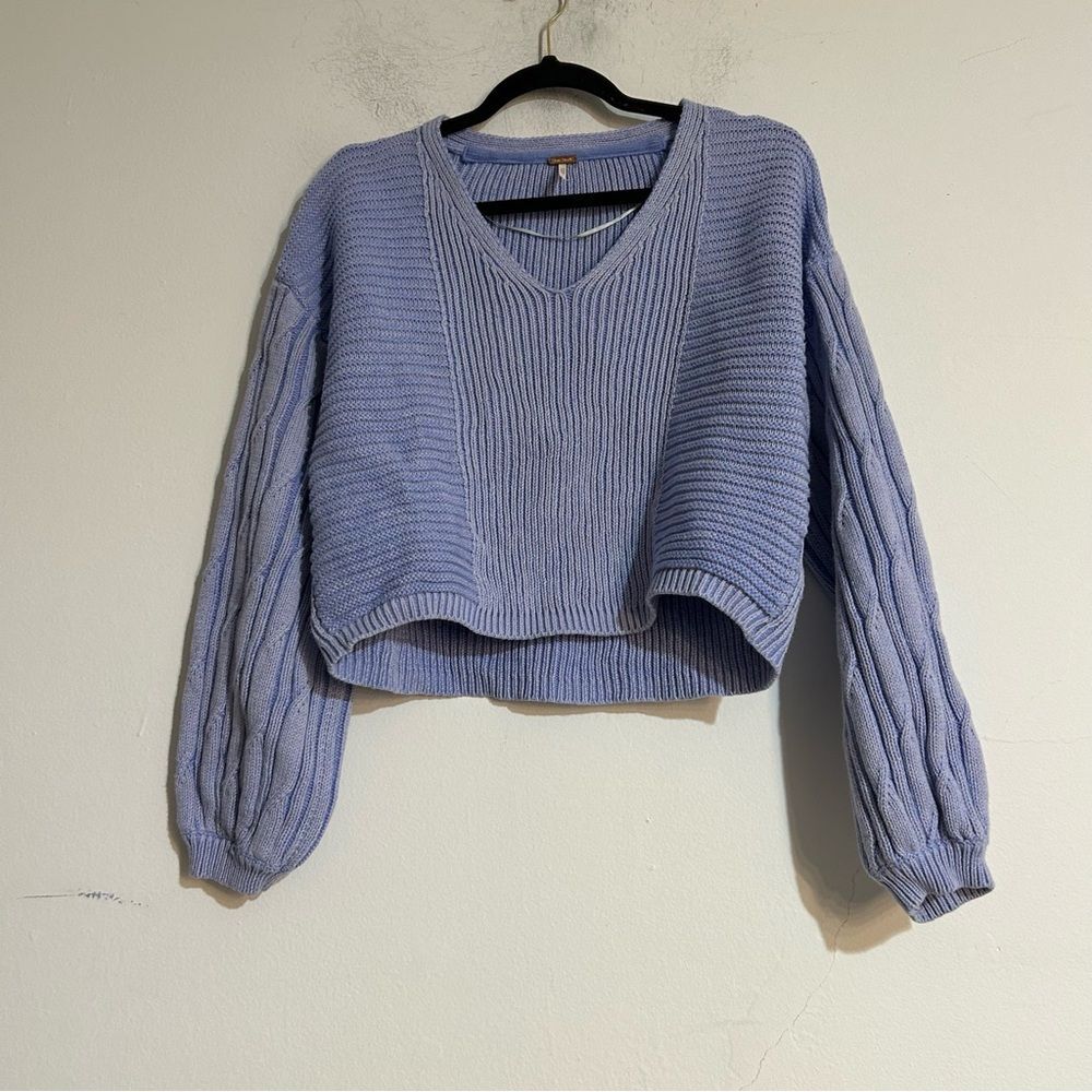 Free People When It Rains V-Neck Cotton Knit Sweater Blue Size Medium